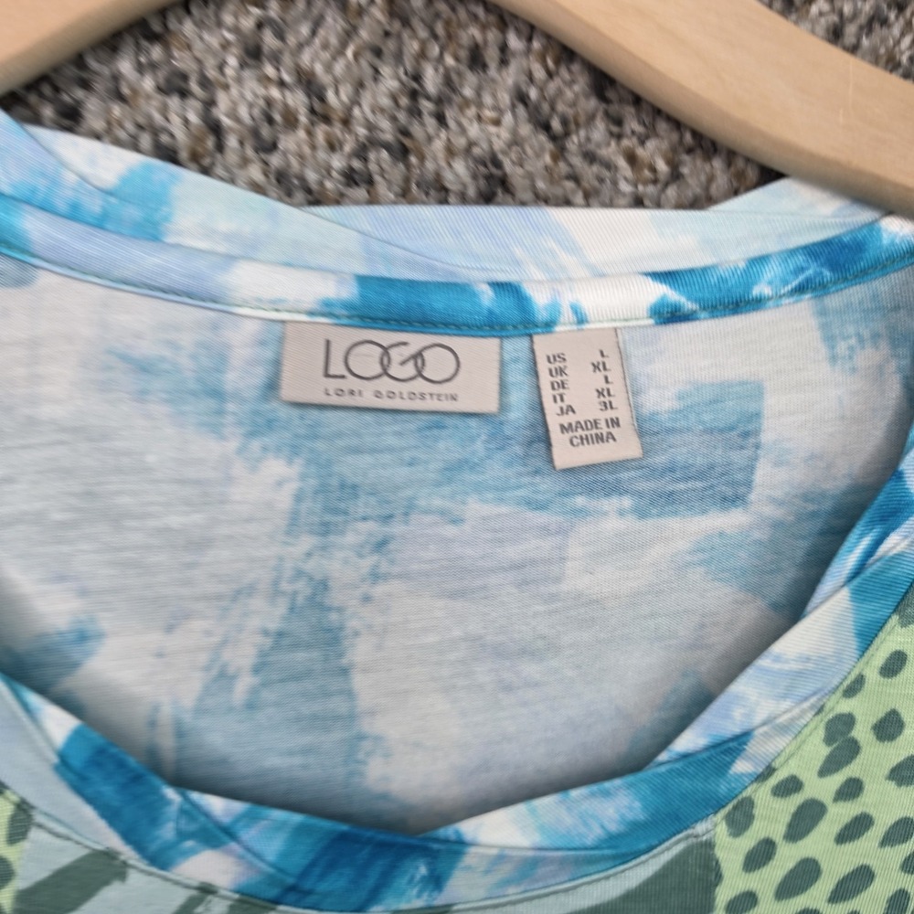 LOGO Lori Goldstein Top Womens Large Blue Mixed Animal Print Tunic Pockets - Picture 8 of 8